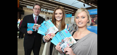 Pictured at the announcement by NUI Galway at their annual Postgraduate Open Day that 100 Postgraduate Scholarships will be on offer for 2012 is (l -r) NUI Galway President, Dr Jim Browne with Ruth Storan from the Ballymoneen Road, Galway City and Daiva Petrauskaite from Tuam, Co. Galway.