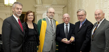 Pictured at the RIA Gold Medals presentation were (l-r): Professor Eugene Kennedy, RIA Science Secretary; Professor Attracta Ingram, RIA Senior Vice-President; Professor Luke Drury, RIA President; Professor Sean O’ Scanlan Engineering Sciences Gold Medallist; Professor William Schabas, Social Sciences Gold Medal; and the Minister for Education and Skills, Ruairi Quinn, T.D.